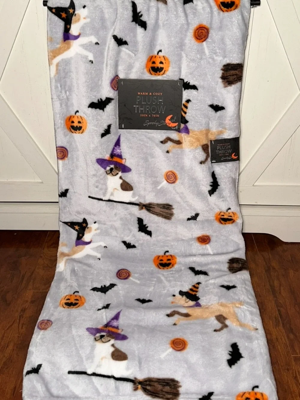 Halloween Dogs with Witch Hat & Pumpkin Plush Throw Blanket